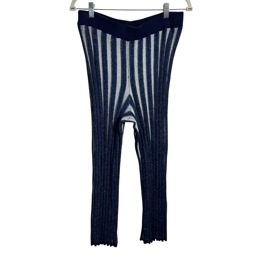 Free People Free-est Navy Blue White Striped Ribbed Knit Pants M Coastal Comfort